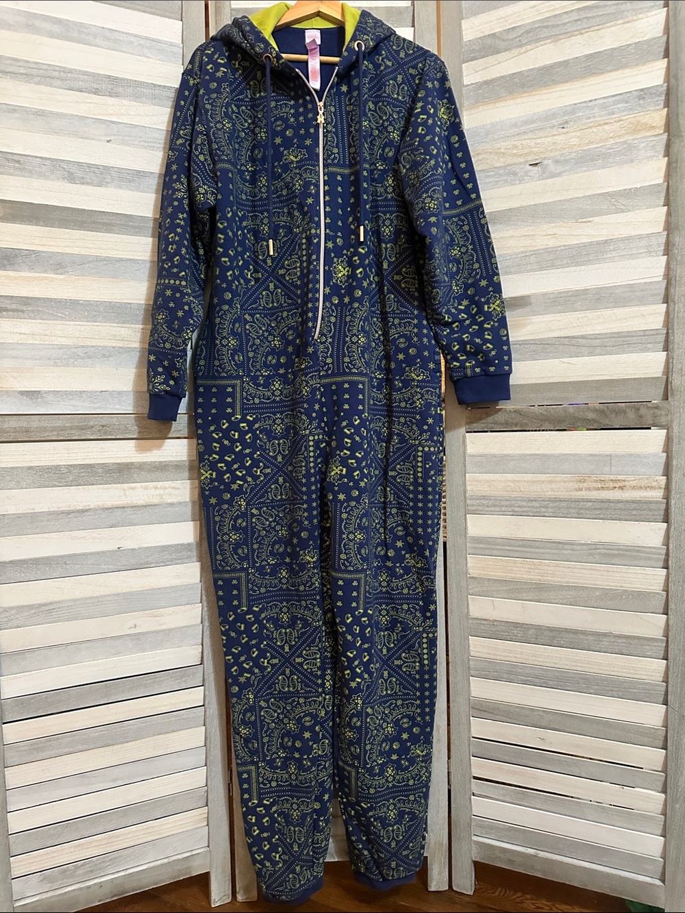 Savage X Fenty Navy and Lime Hooded unisex holiday One-Piece jumpsuit